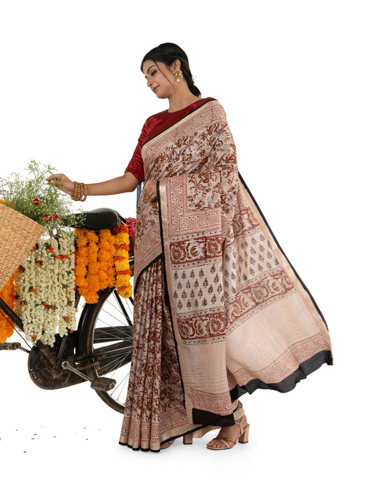 Beige and Maroon Art Silk Crepe with Floral Bagru BlockPrinted Saree