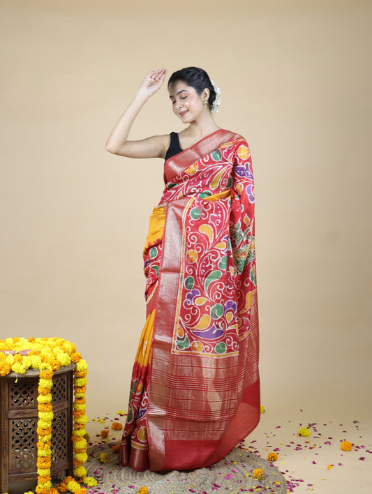 Yellow and Red Batik Print Maheshwari Silk Saree