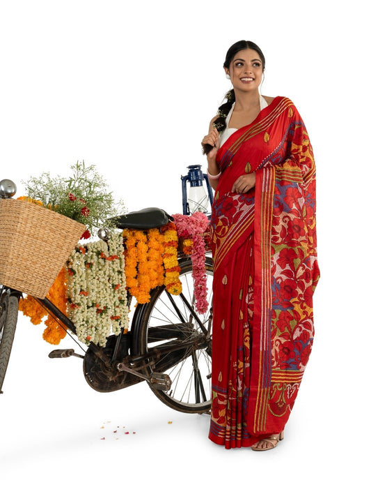 Red Reverse Kantha Stitched Saree