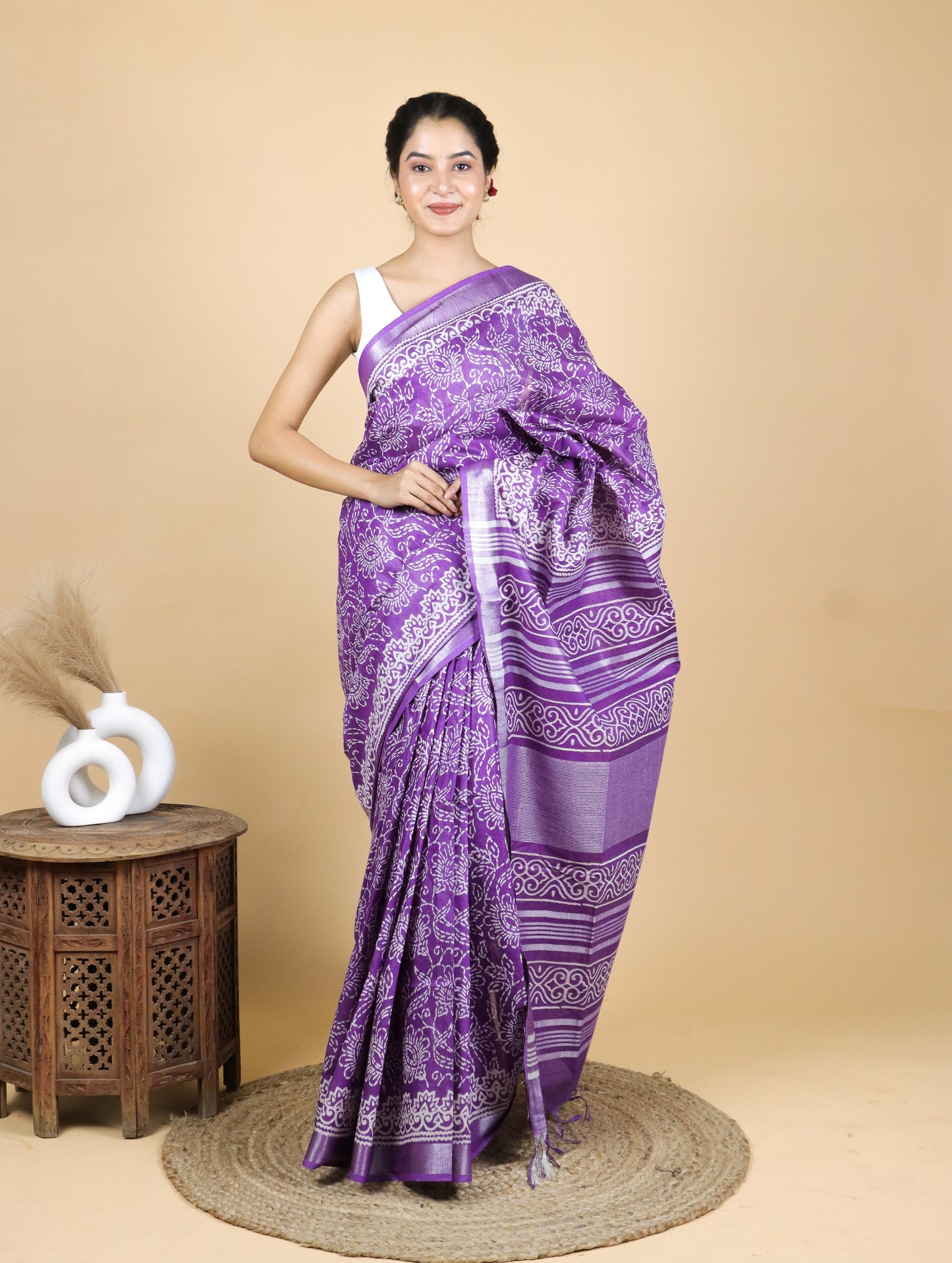 Beautiful Violet Hand Block Printed Cotton Linen Saree