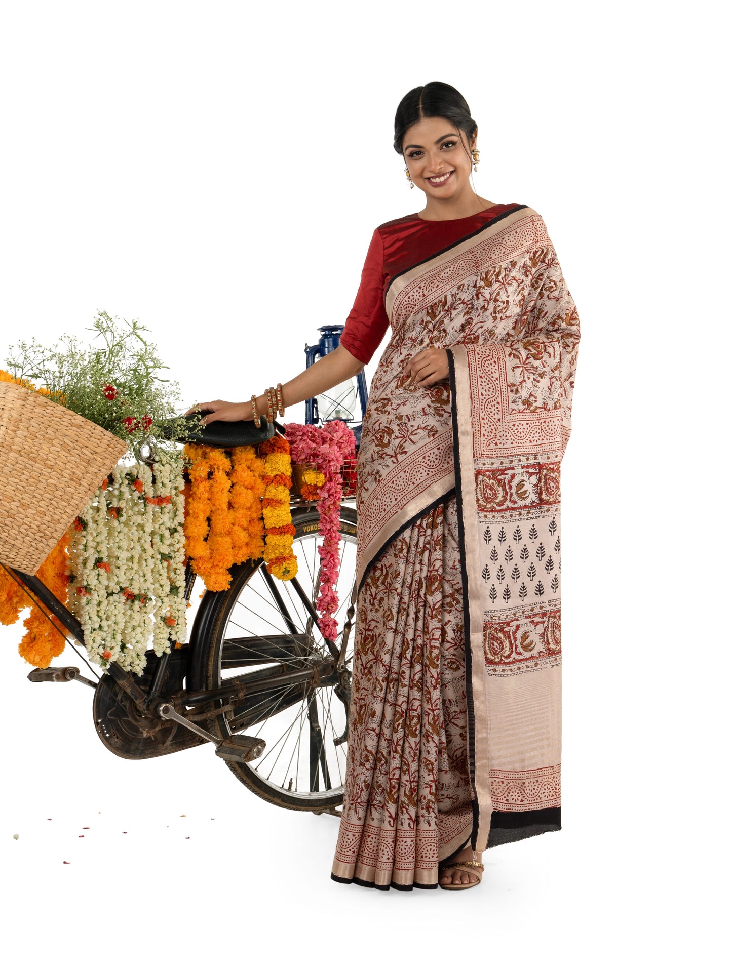 Beige and Maroon Art Silk Crepe with Floral Bagru BlockPrinted Saree