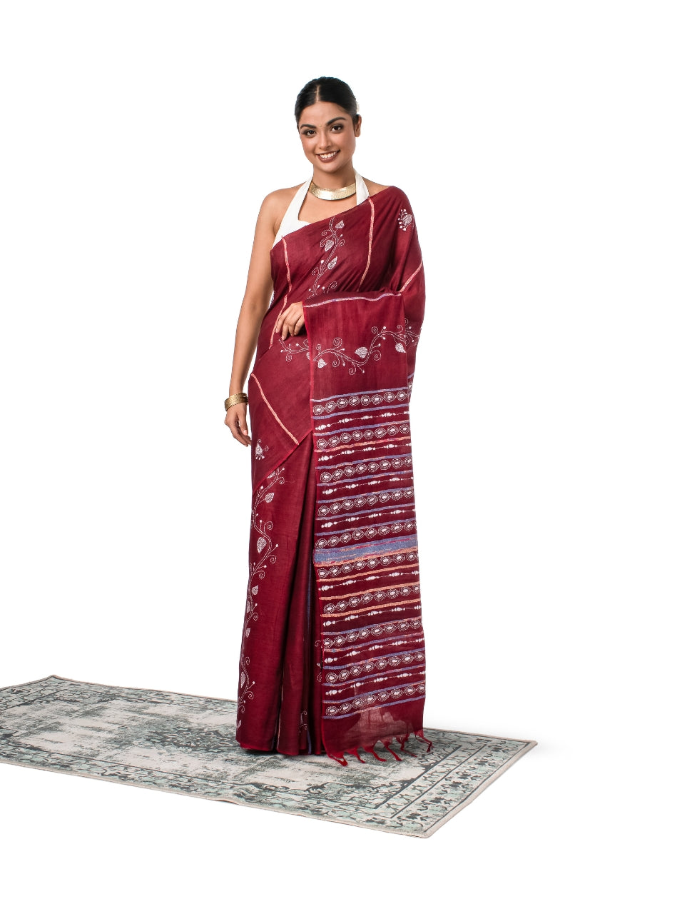 Marron Exquisite Khesh Kantha Stitched Saree