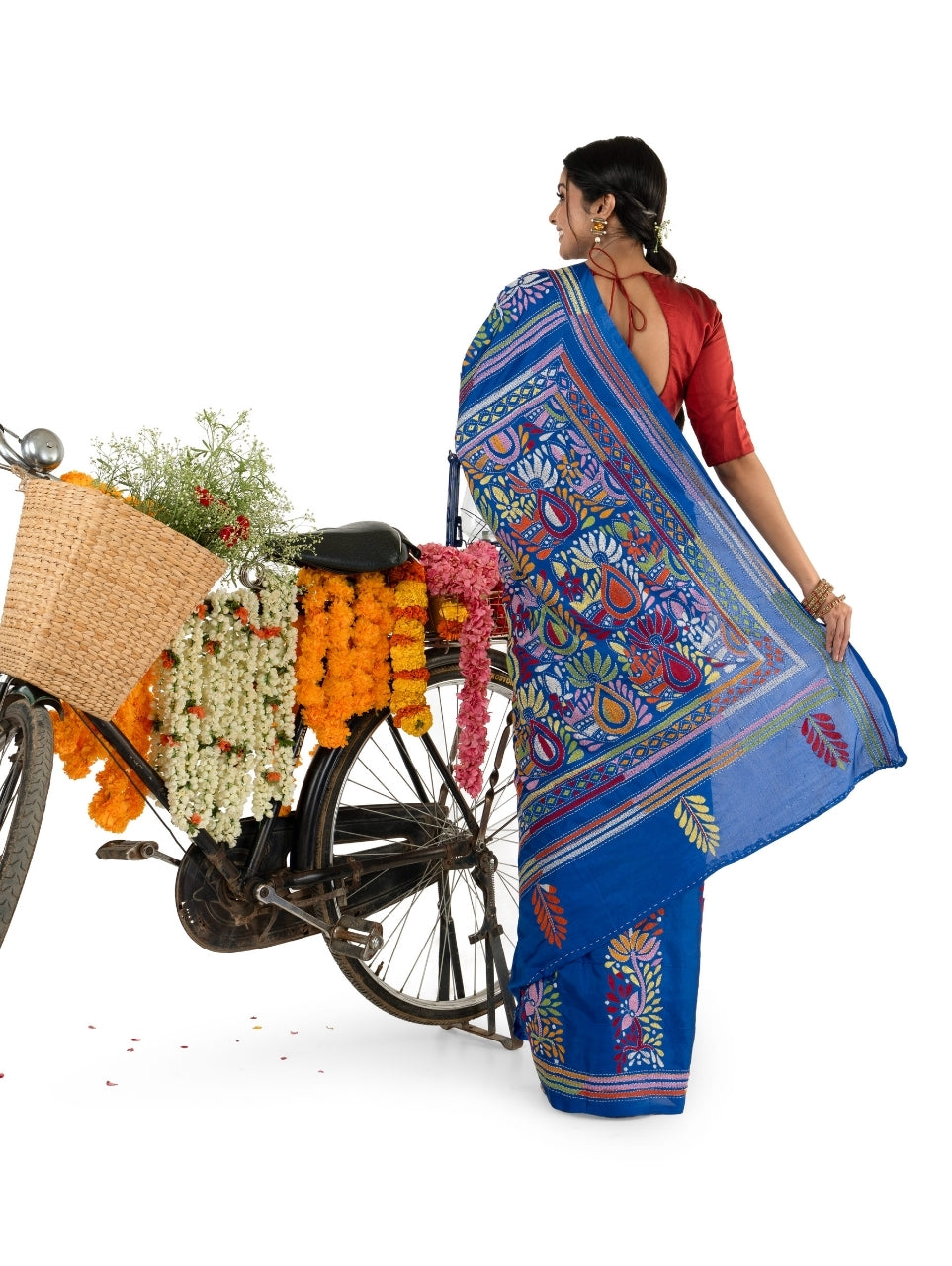 Blue Multicoloured Exquisite Kantha Stitched Saree