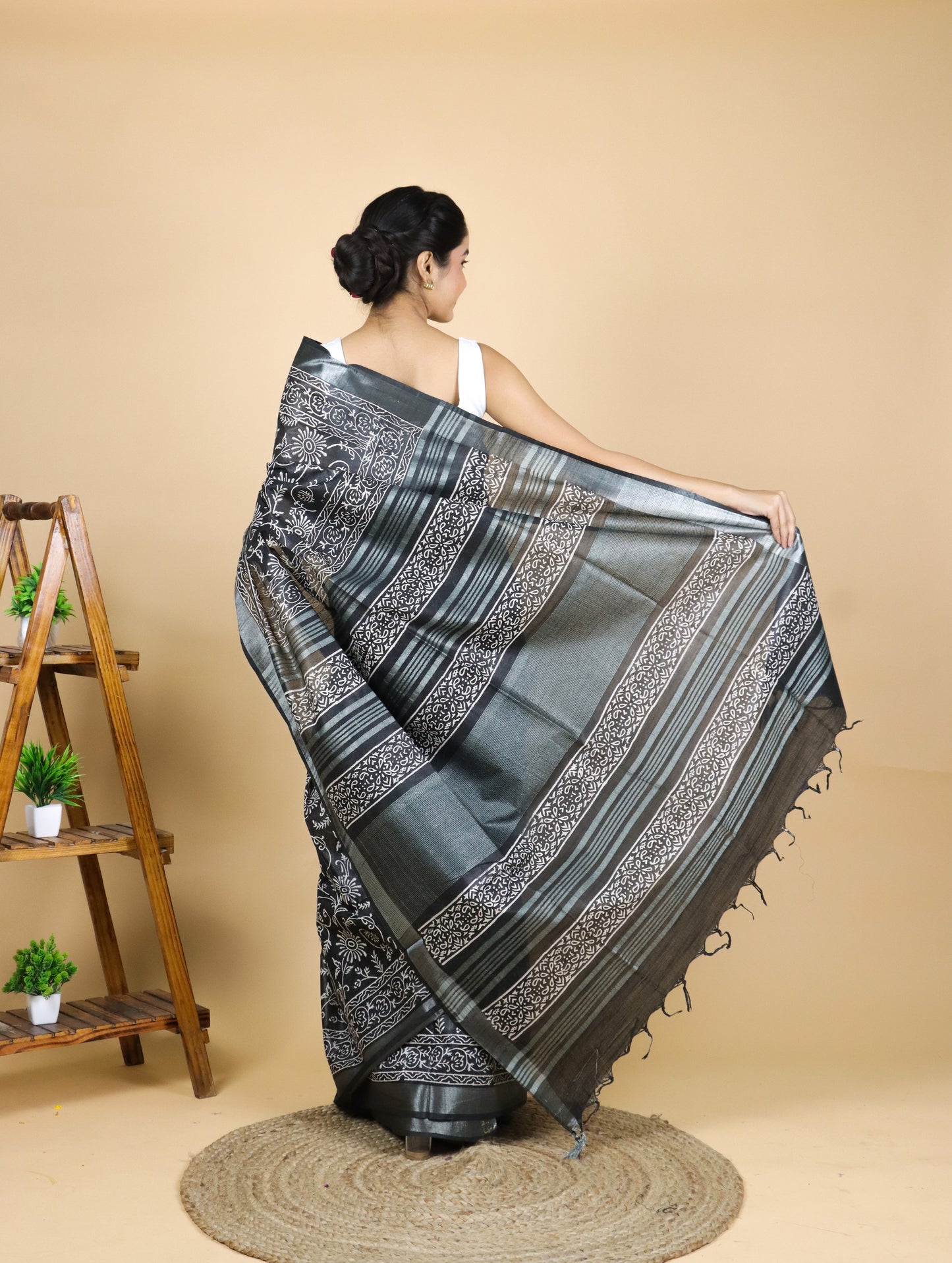 Black Hand Block Printed Cotton Linen Saree