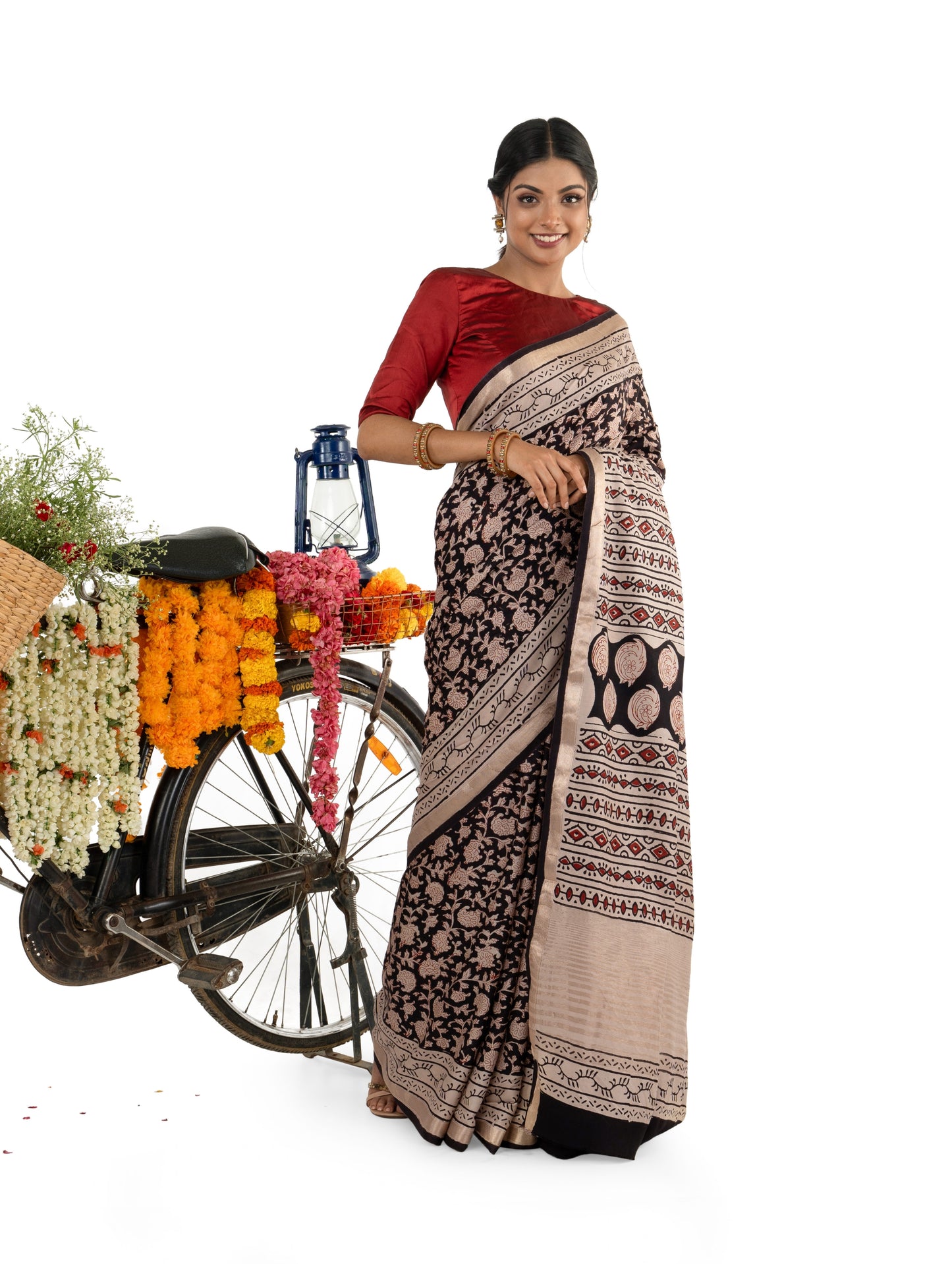 Black and Beige Art Silk Crepe with Floral Bagru BlockPrinted Saree