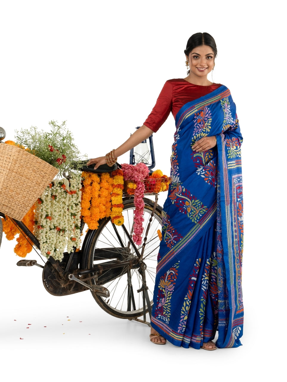 Blue Multicoloured Exquisite Kantha Stitched Saree