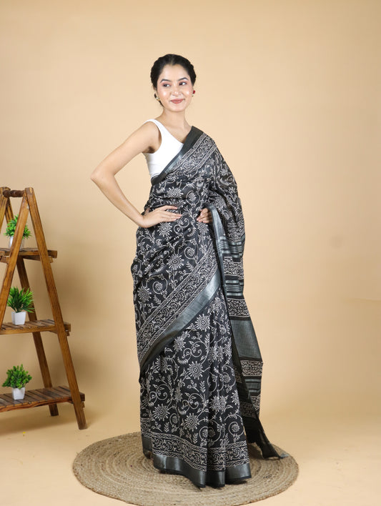 Black Hand Block Printed Cotton Linen Saree