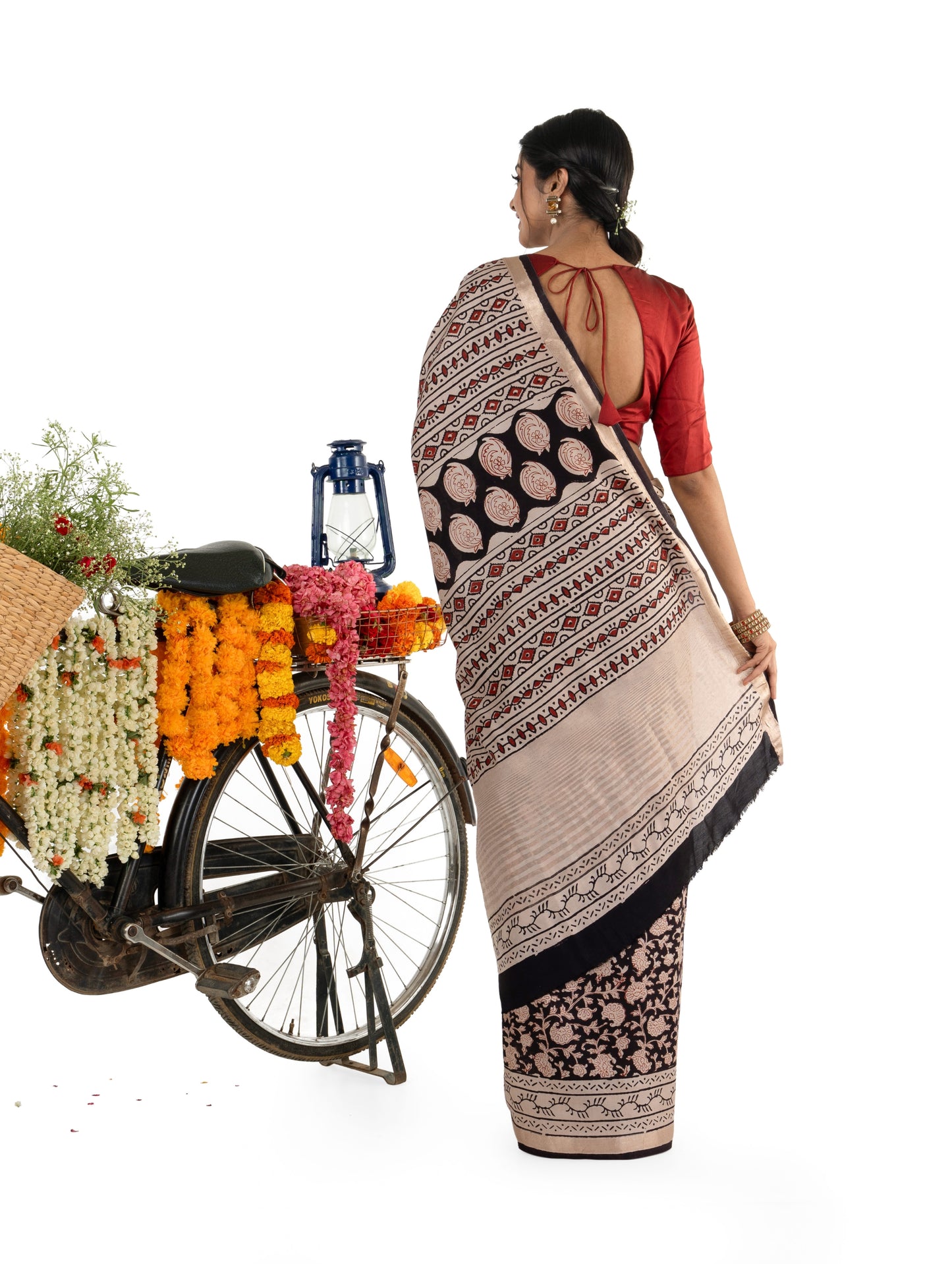 Black and Beige Art Silk Crepe with Floral Bagru BlockPrinted Saree
