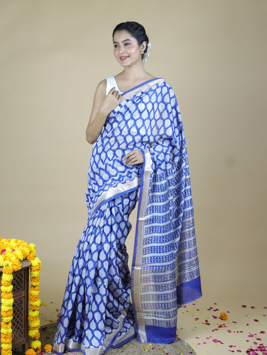 Blue Blended Maheshwari Silk With Sanganeri Block Prints
