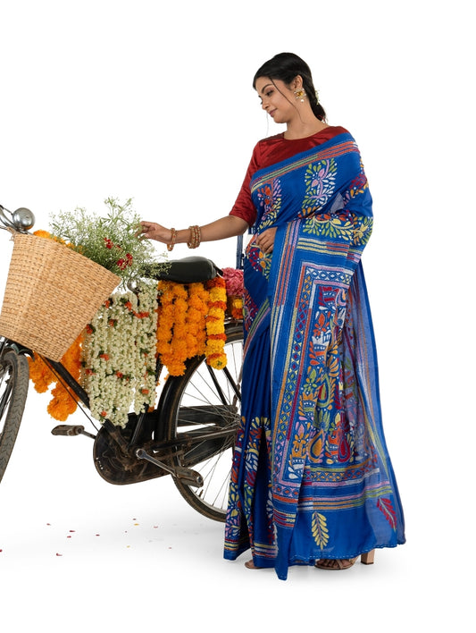 Blue Multicoloured Exquisite Kantha Stitched Saree