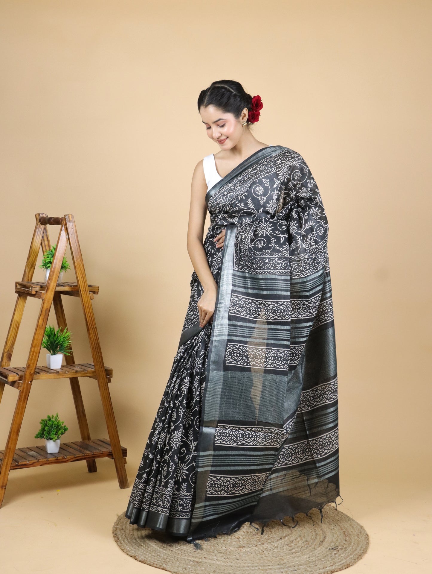 Black Hand Block Printed Cotton Linen Saree