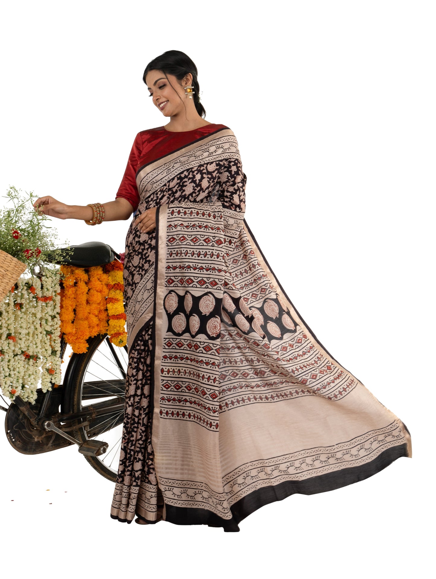 Black and Beige Art Silk Crepe with Floral Bagru BlockPrinted Saree