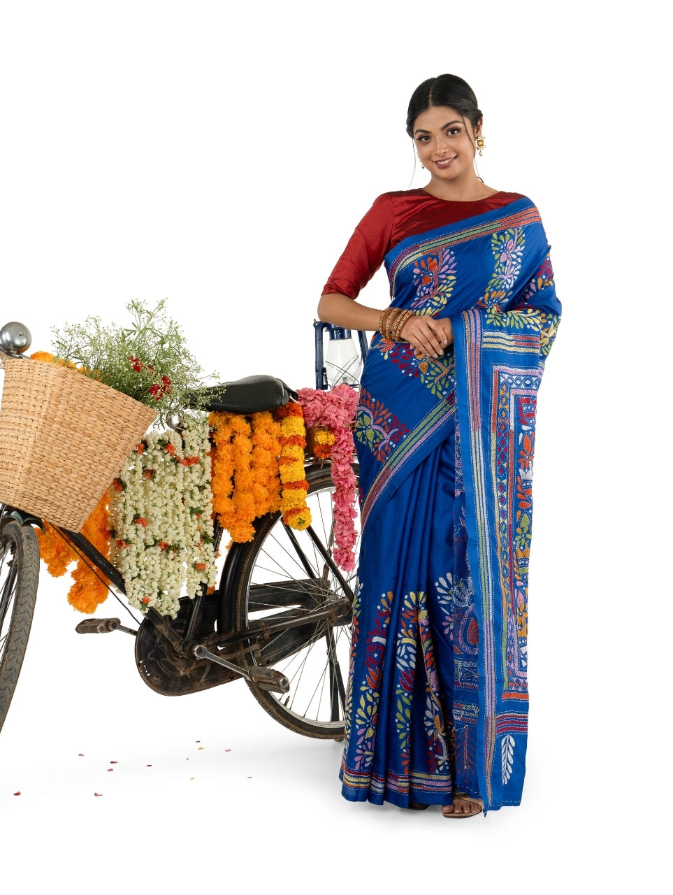 Blue Multicoloured Exquisite Kantha Stitched Saree