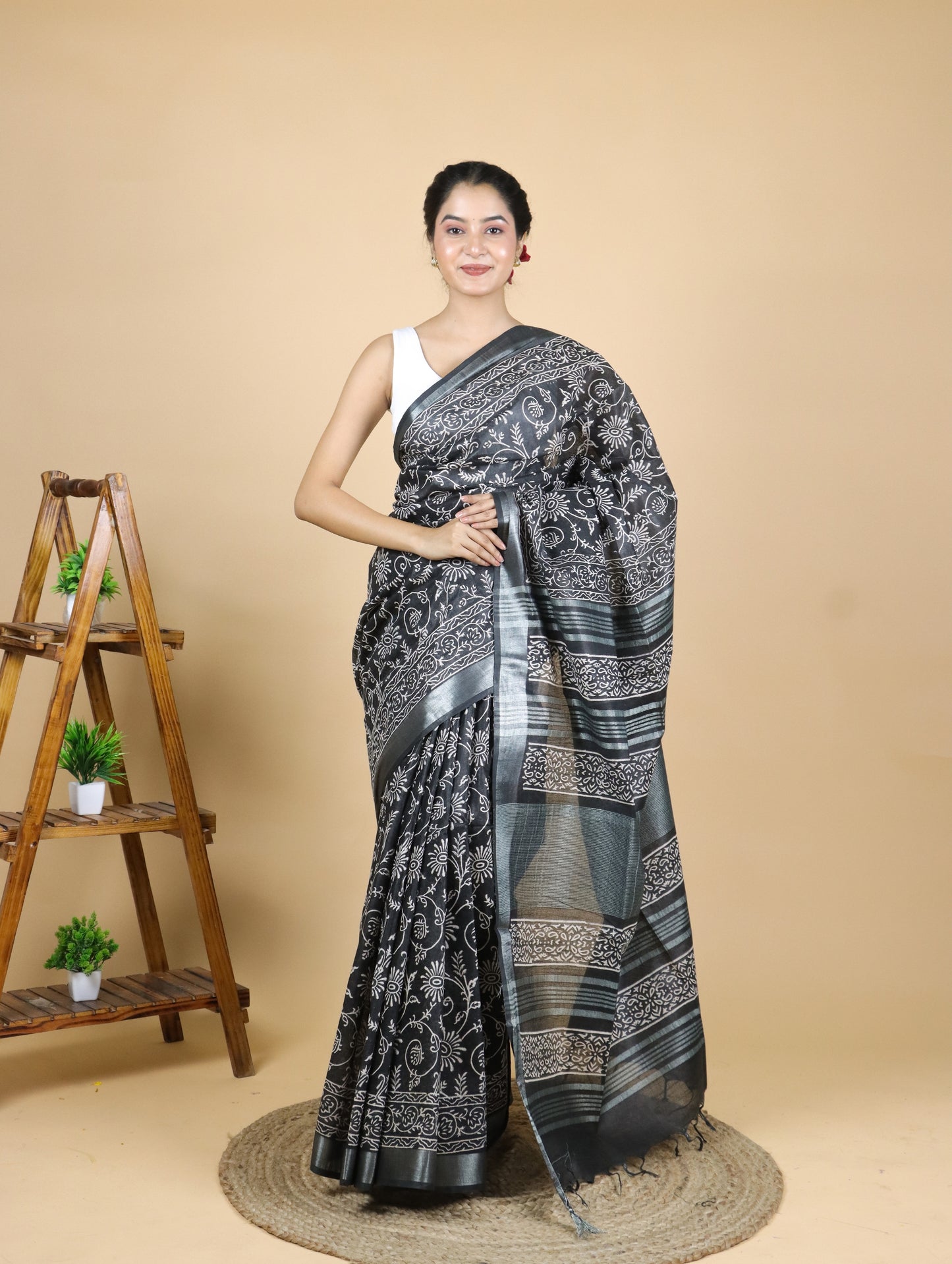 Black Hand Block Printed Cotton Linen Saree