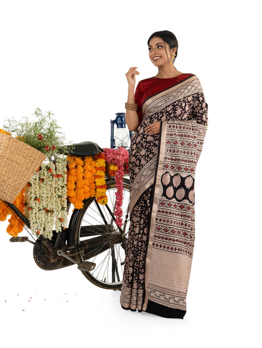 Black and Beige Art Silk Crepe with Floral Bagru BlockPrinted Saree