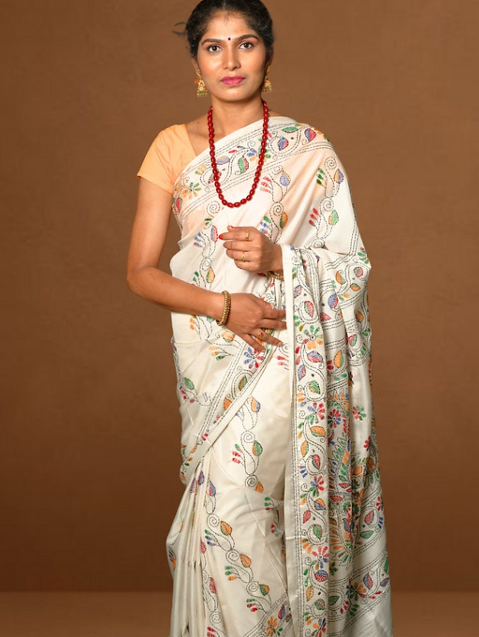 White Multicoloured Exquisite Kantha Stitched Saree
