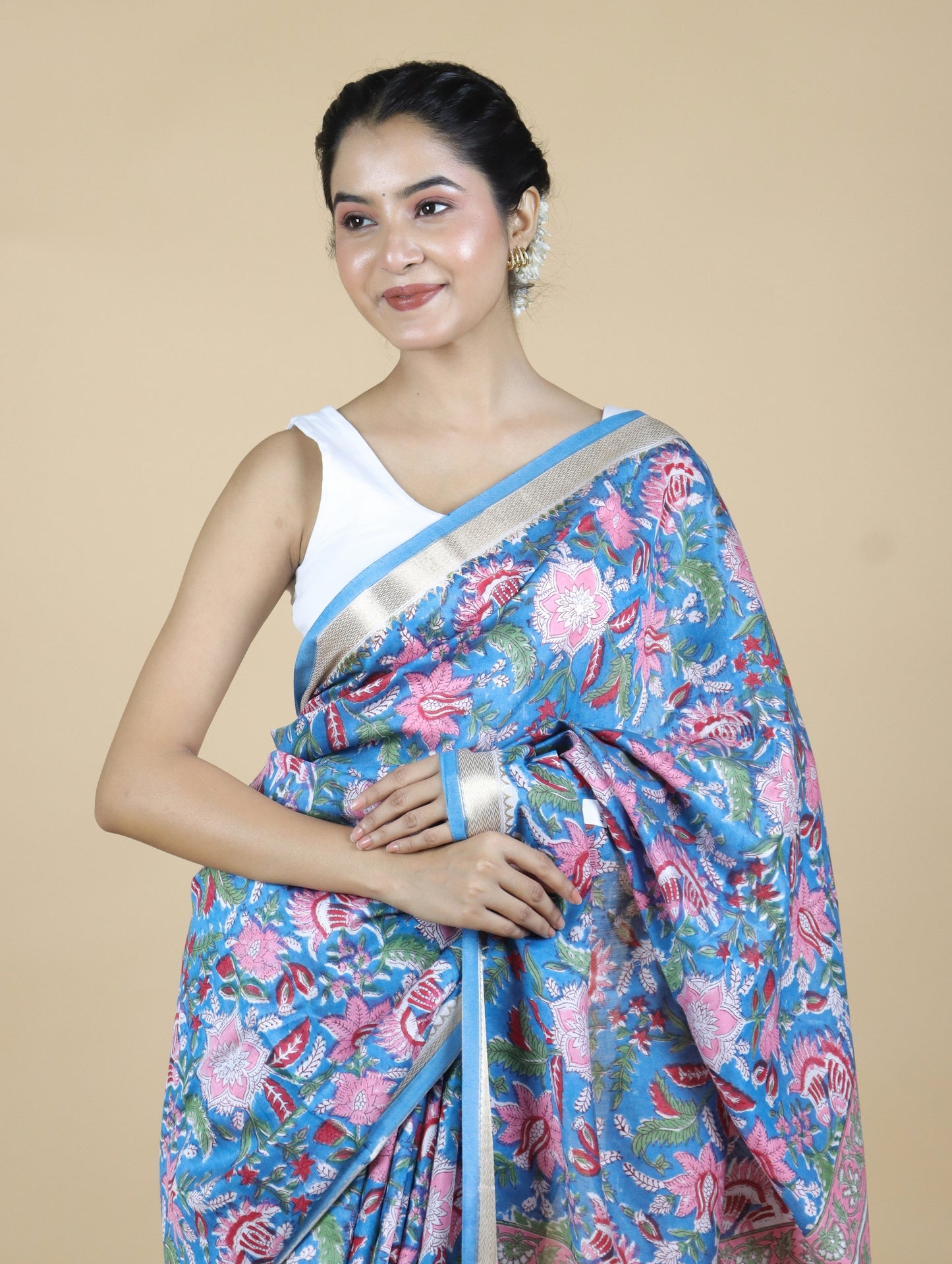 Blue Blended Maheshwari Silk With Sanganeri Block Prints