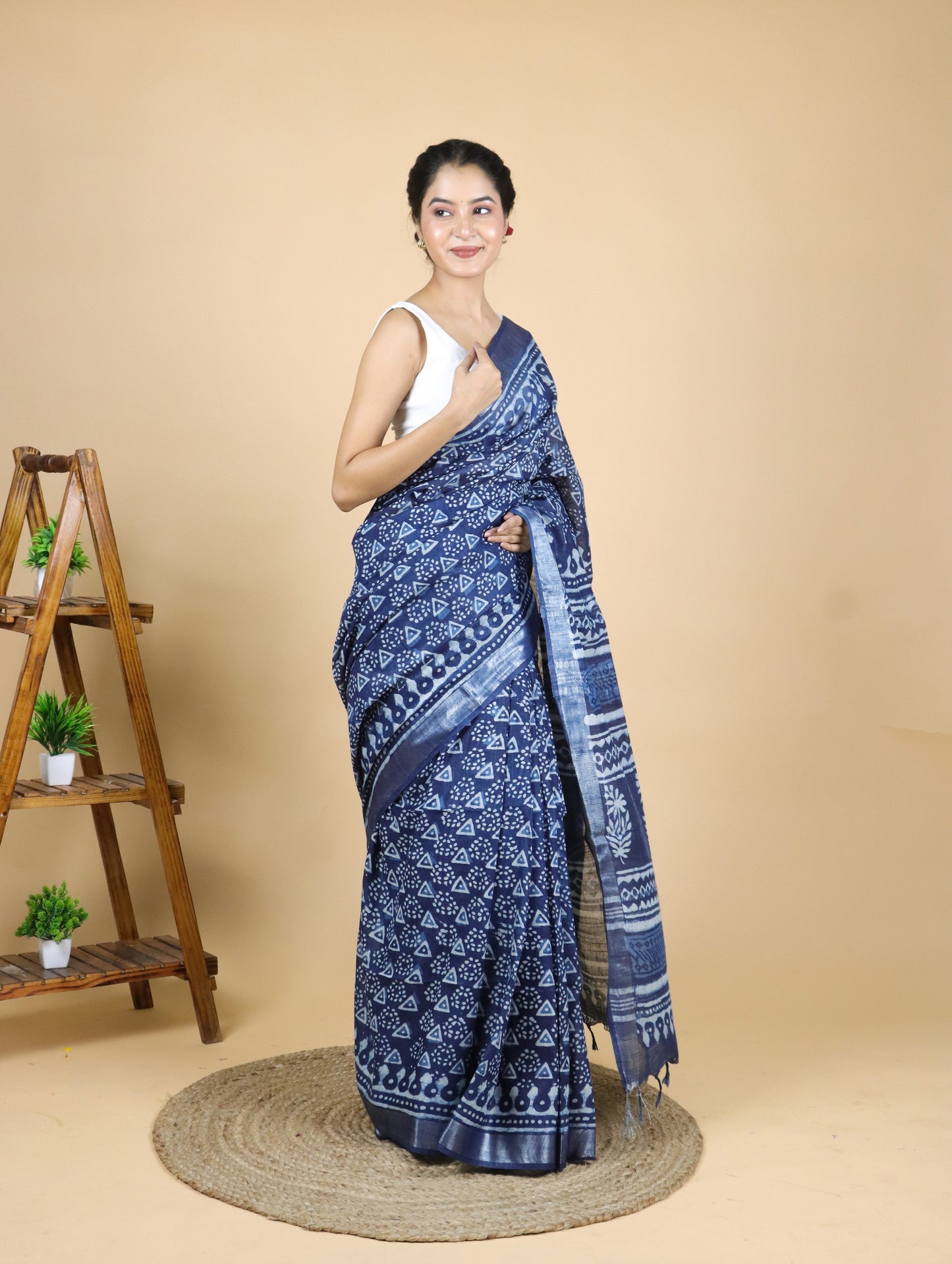 Indigo Hand Block Printed Cotton Linen Saree