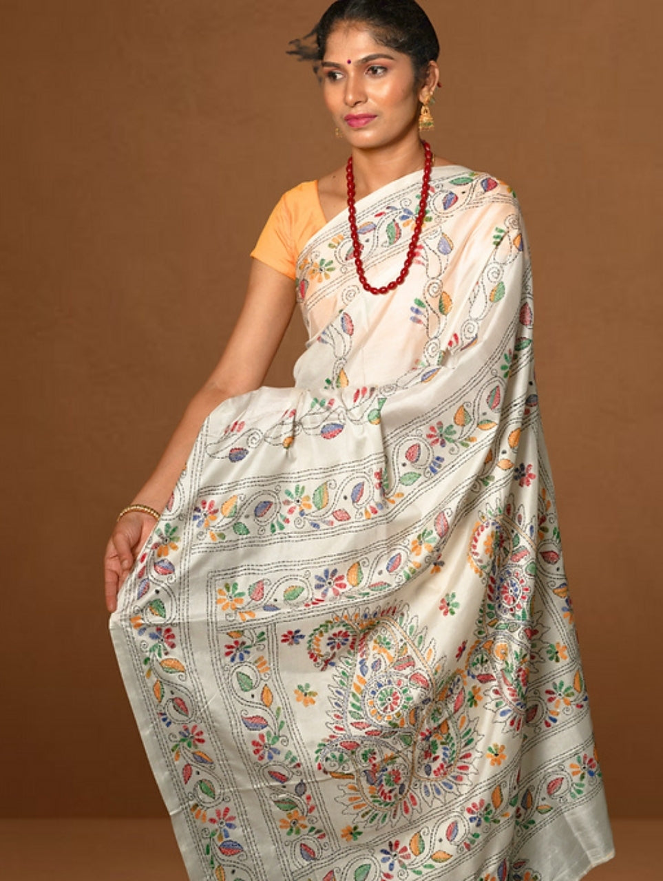 White Multicoloured Exquisite Kantha Stitched Saree