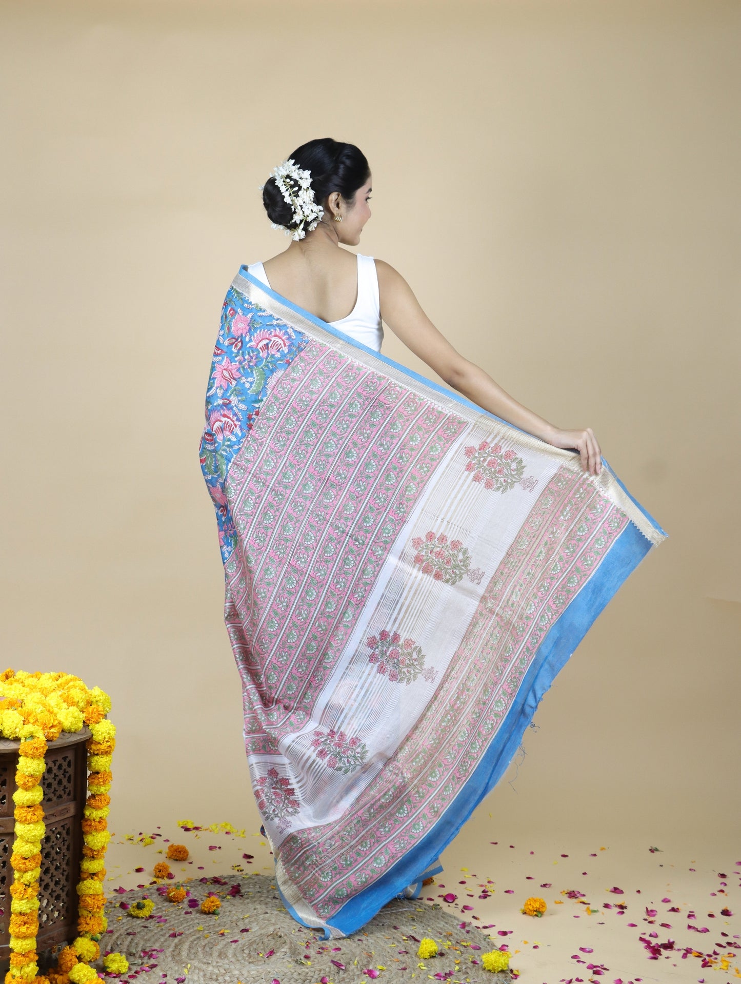Blue Blended Maheshwari Silk With Sanganeri Block Prints