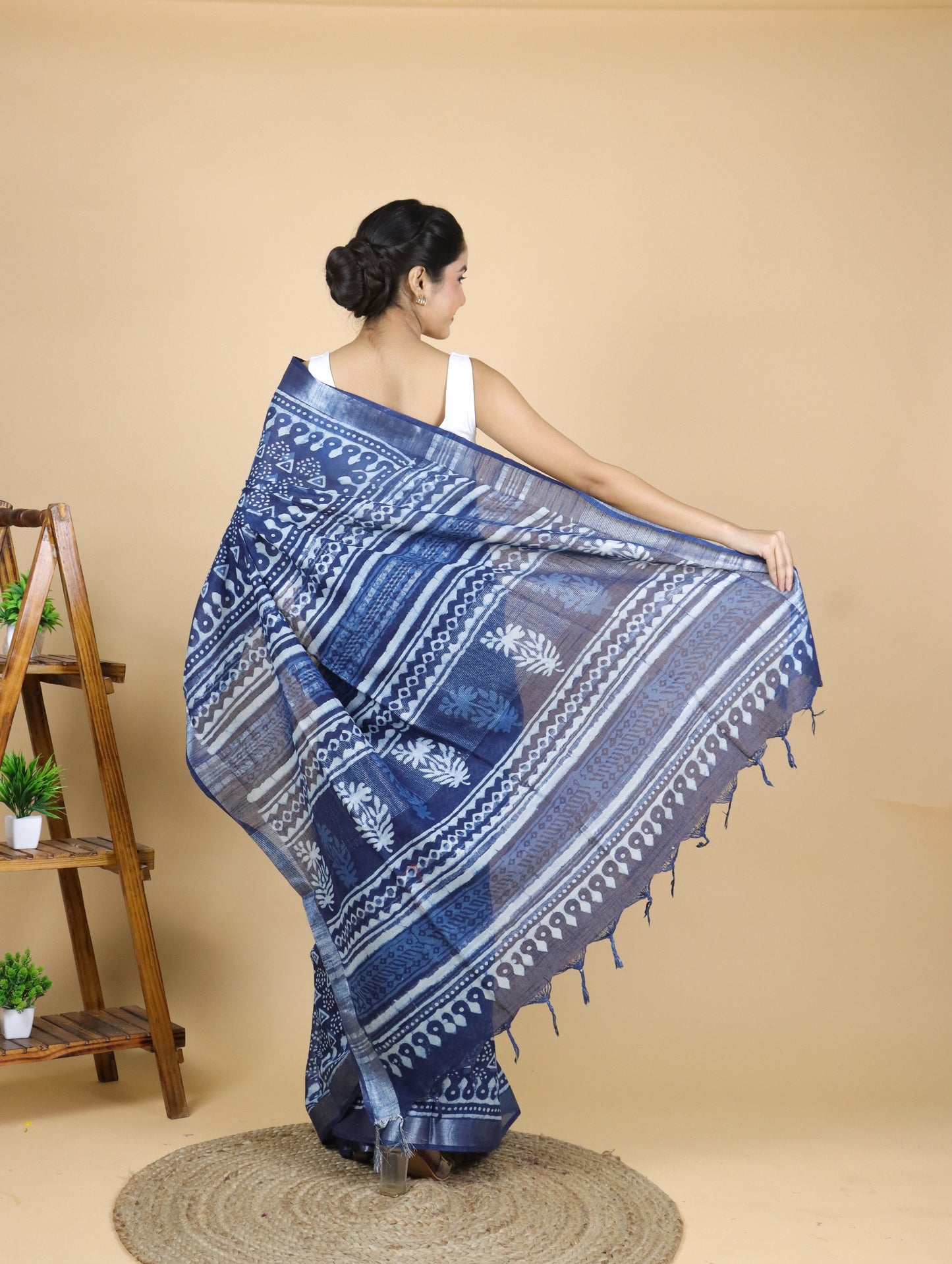 Indigo Hand Block Printed Cotton Linen Saree