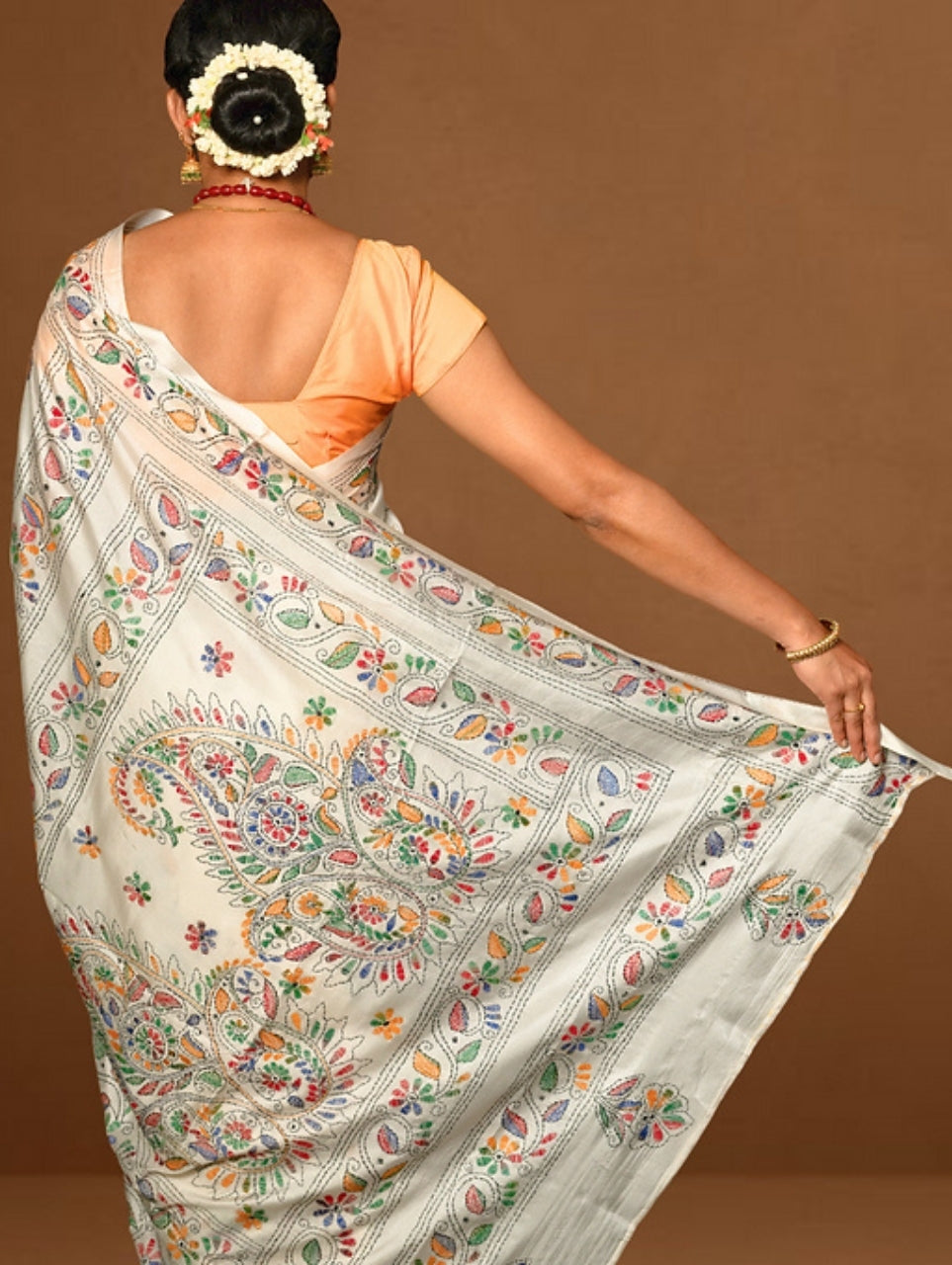 White Multicoloured Exquisite Kantha Stitched Saree