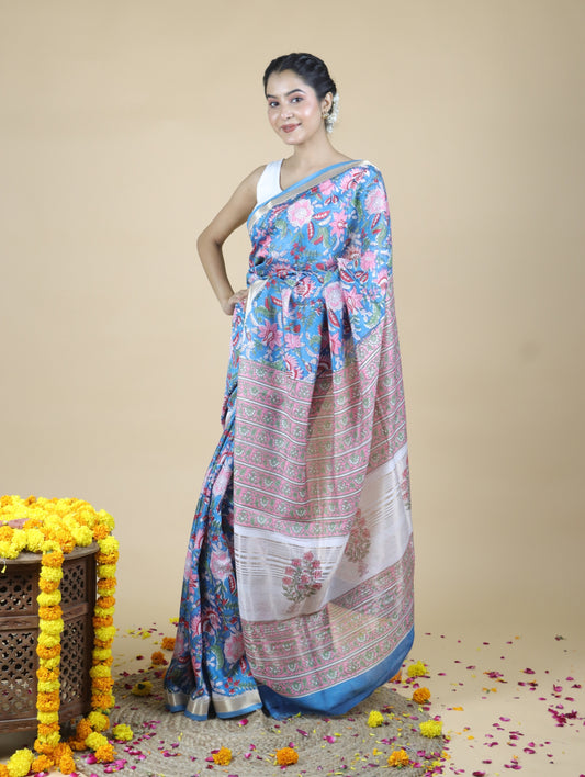 Blue Blended Maheshwari Silk With Sanganeri Block Prints
