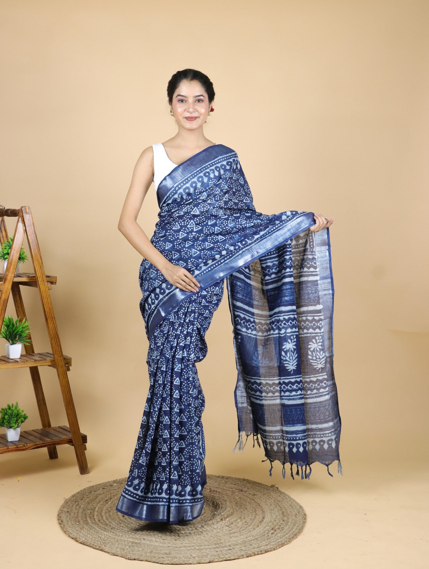 Indigo Hand Block Printed Cotton Linen Saree