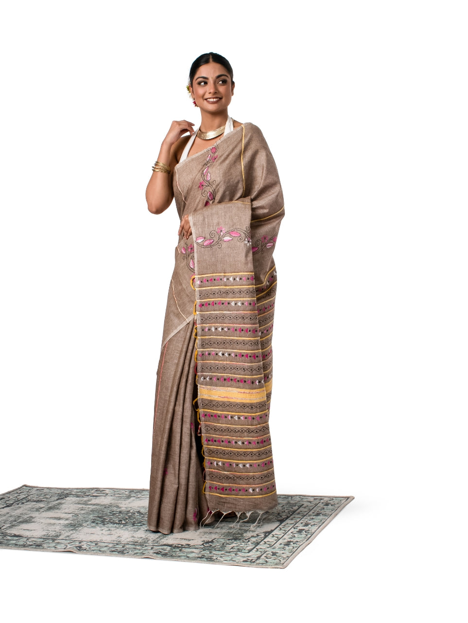 Light Brown Exquisite Khesh Kantha Stitched Saree