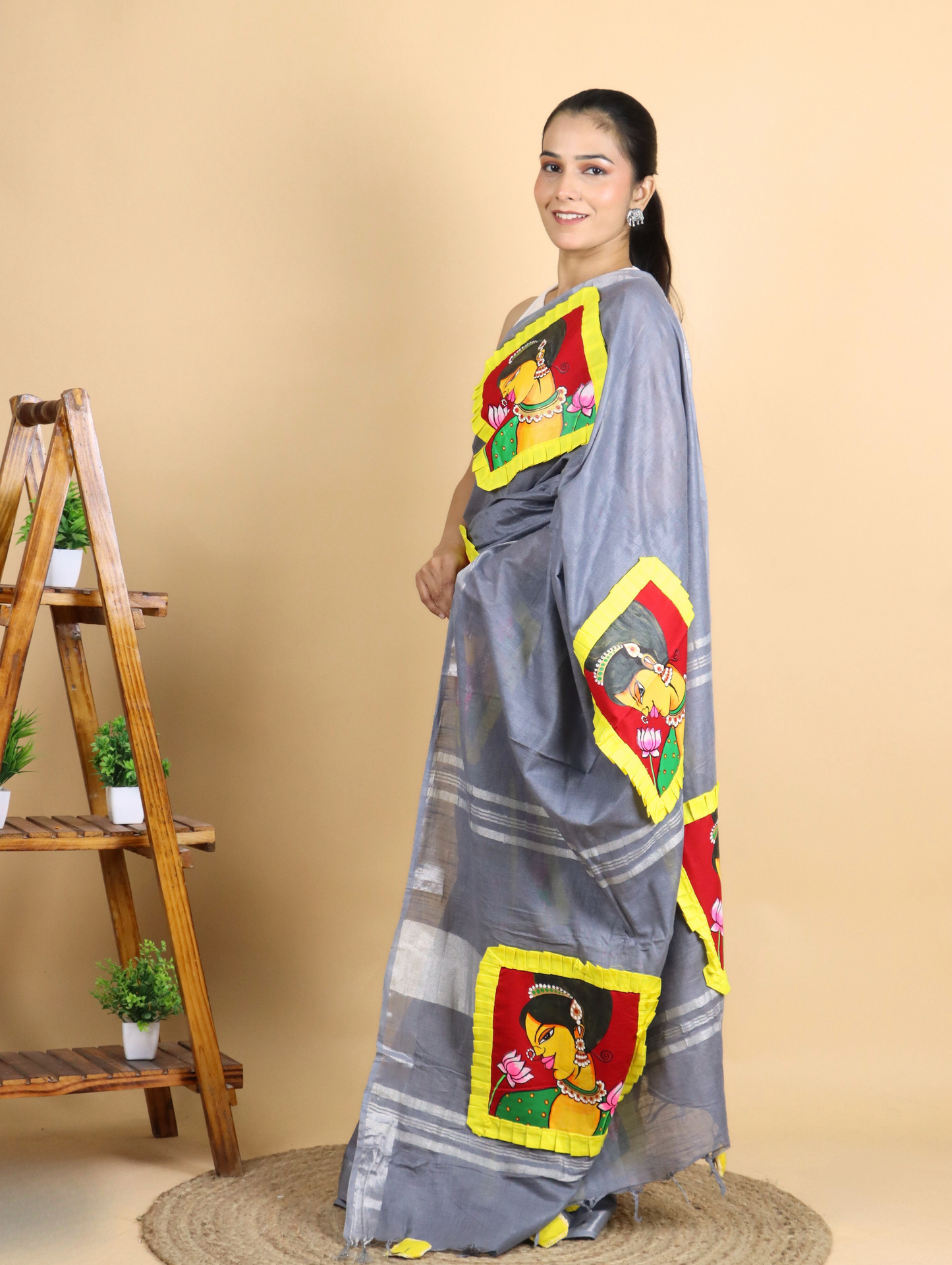Grey Cotton Linen Saree with Applique Painting