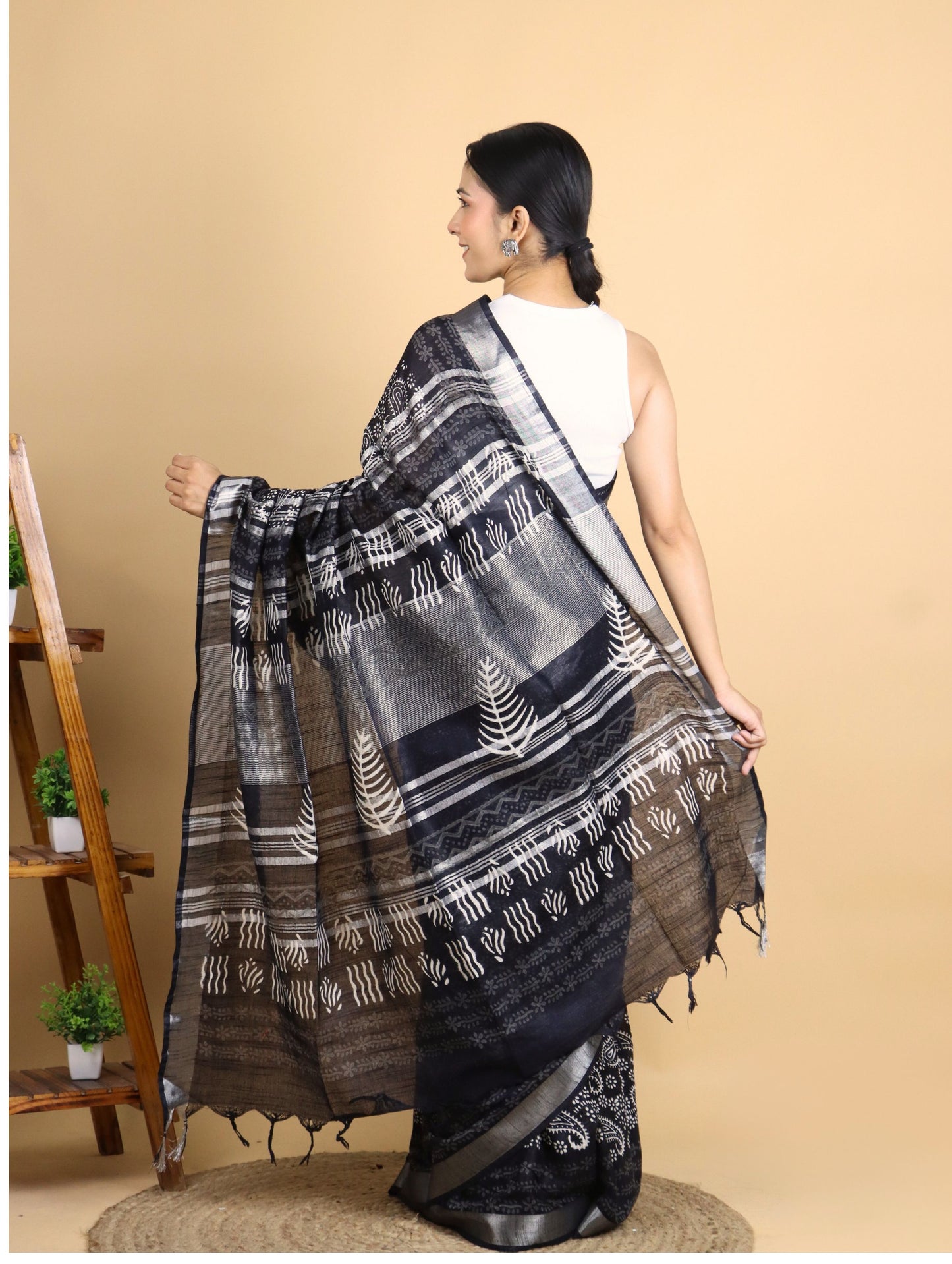Black Cotton Linen Block Printed Saree with Mango Motifs