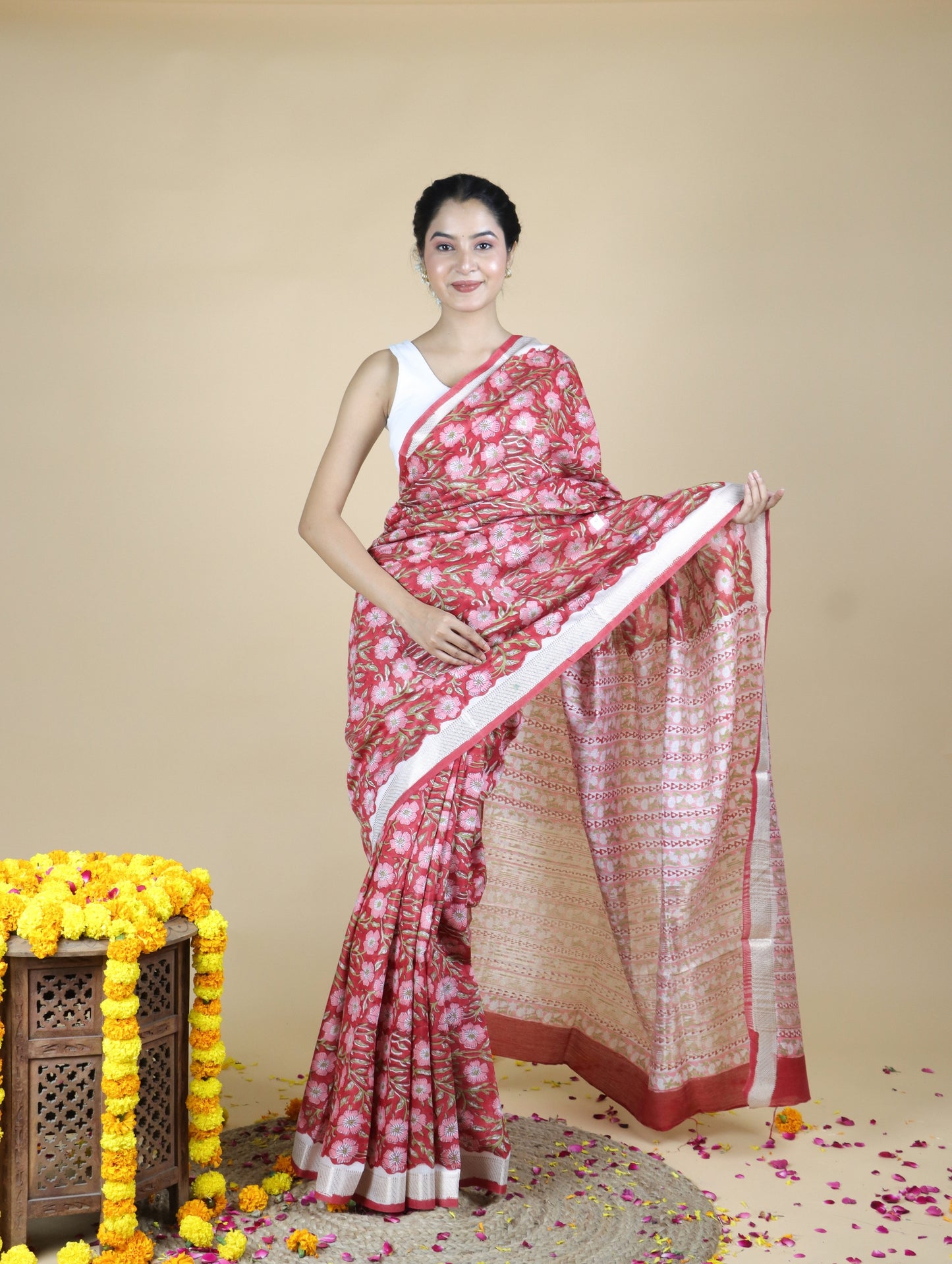 Red Blended Maheshwari Silk With Sanganeri Block Prints