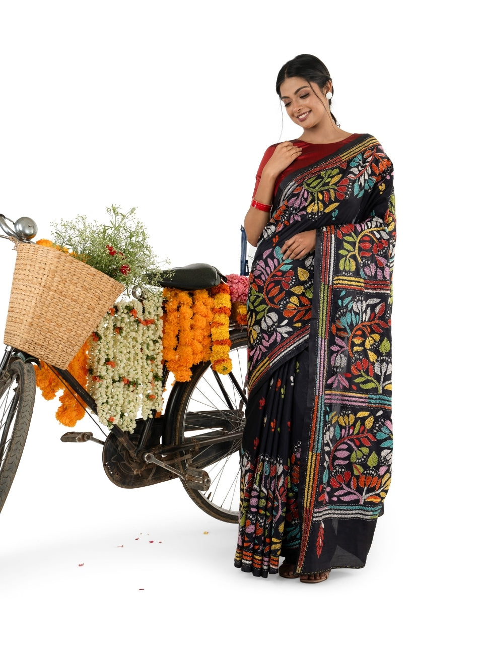 Black Multicoloured Exquisite Kantha Stitched Saree