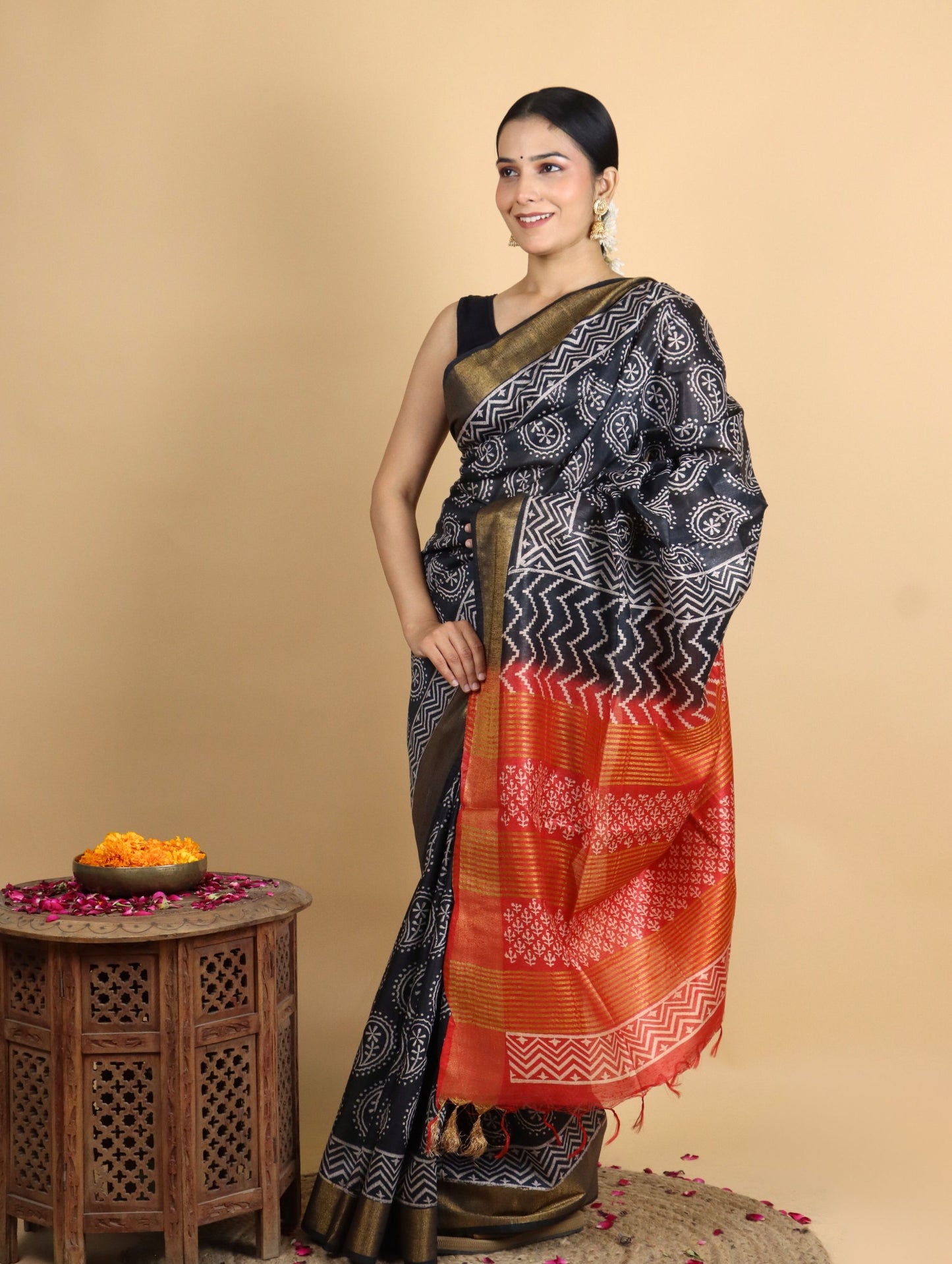 Black and Orange Baffta Tussar Block Printed Saree