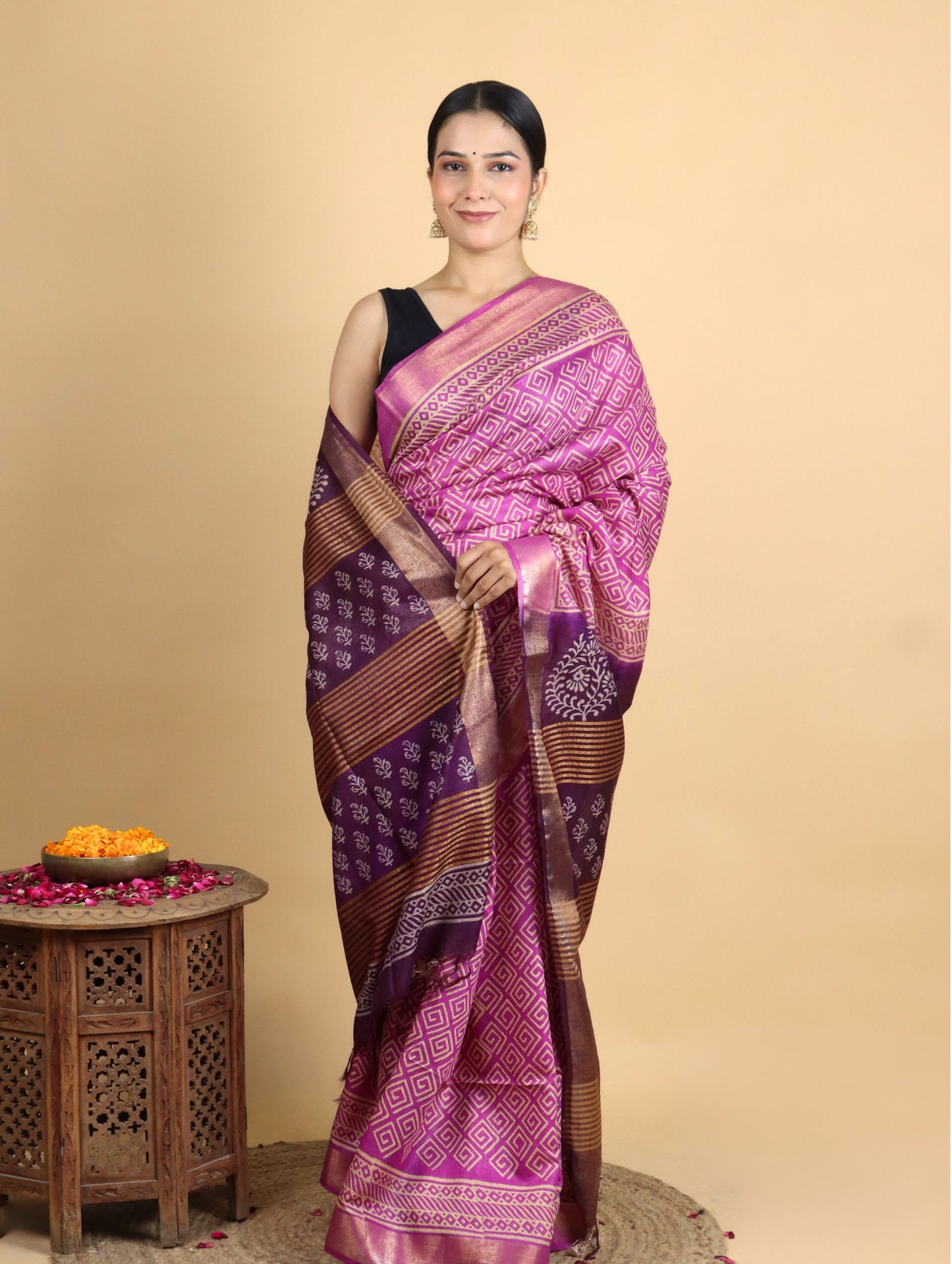 Dark Pink and Plum Baffta Tussar Block Printed Saree