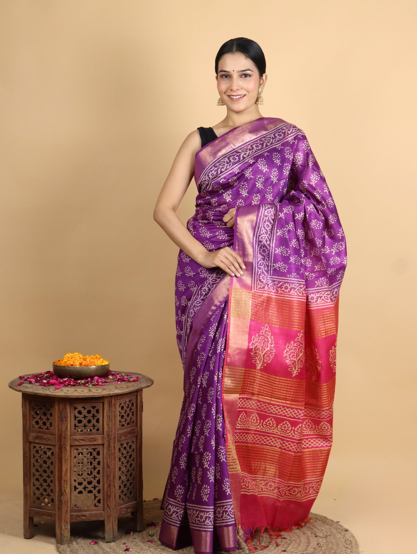 Purple and Pink Baffta Tussar Block Printed Saree
