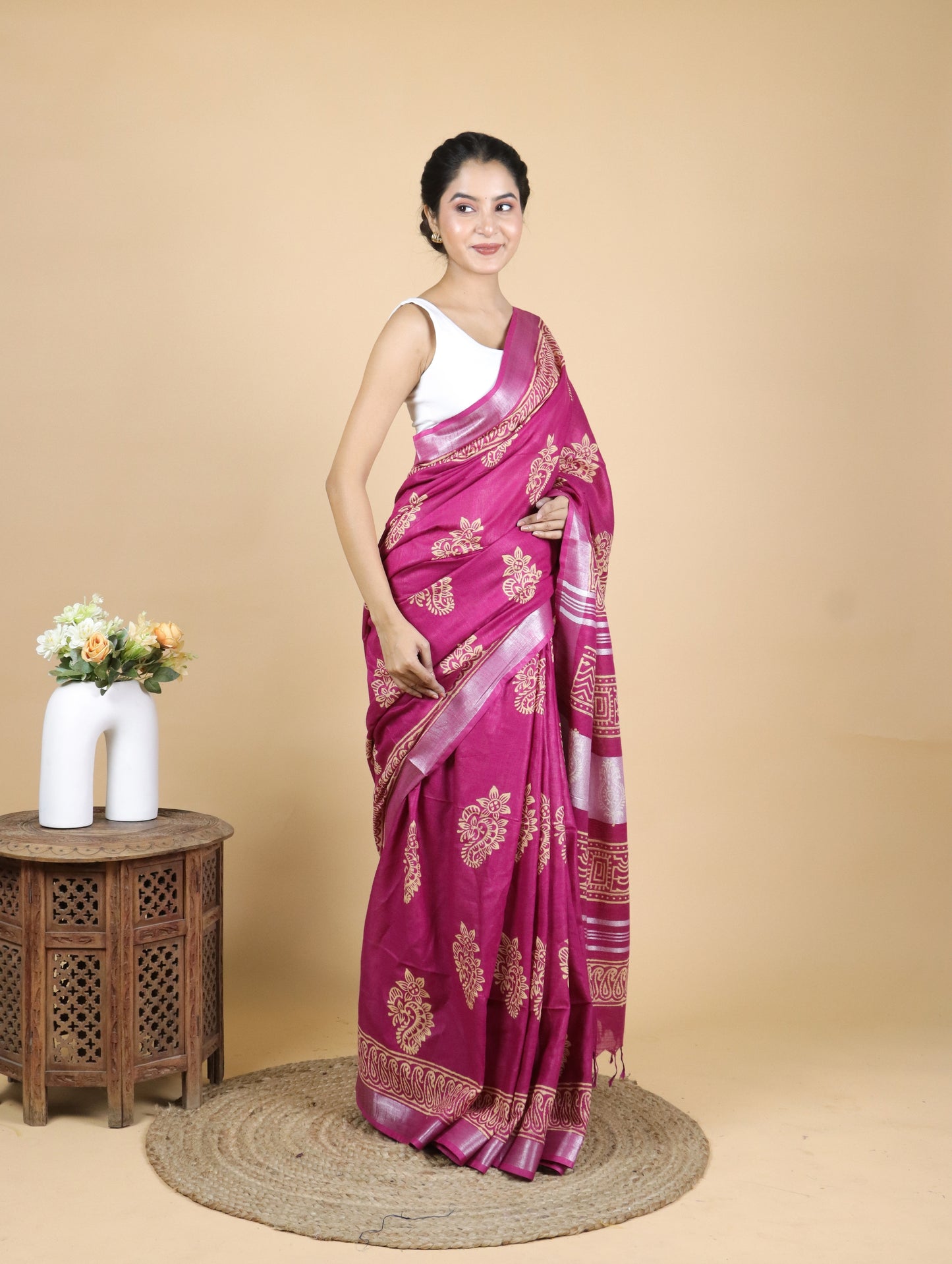 Beautiful Pink Hand Block Printed Cotton Linen Saree
