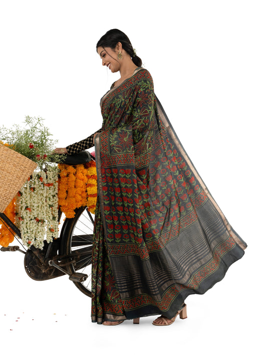 Dark Green Art Silk Crepe with all Over Floral Naptol BlockPrinted Saree