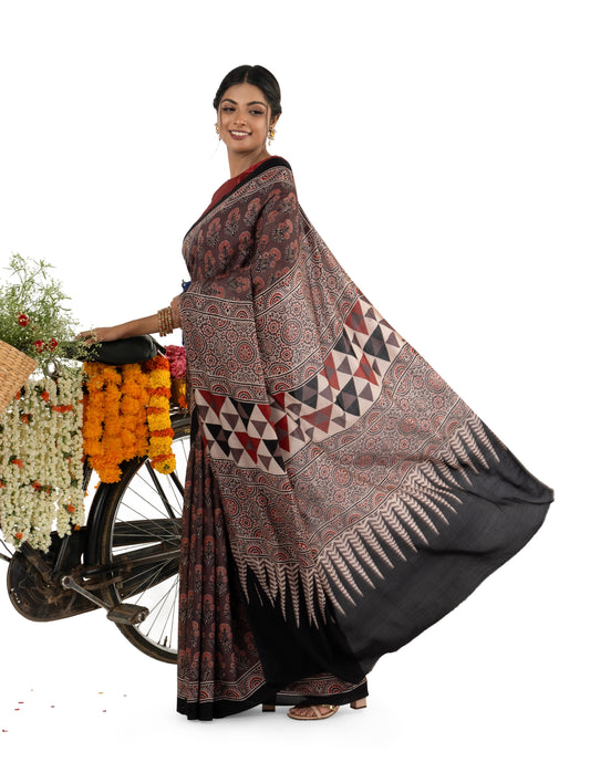 Ajrak Brown Modal Muslin Saree