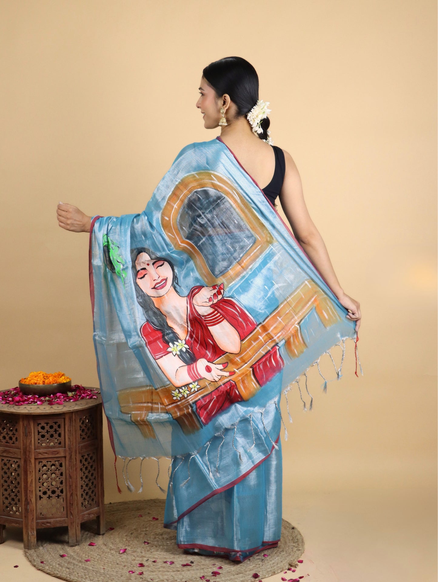 Raaga Blue Coloured Tissue Hand Painted Saree