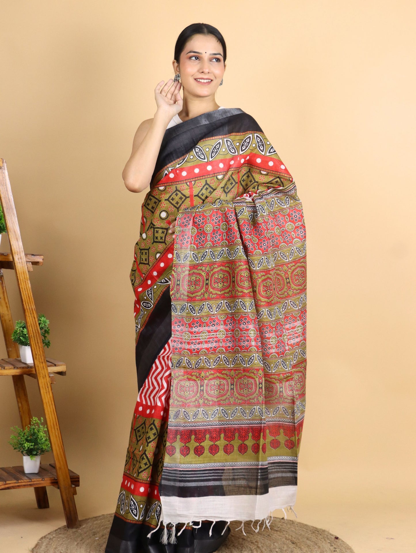 Multicolored Cotton Linen Block Printed Saree
