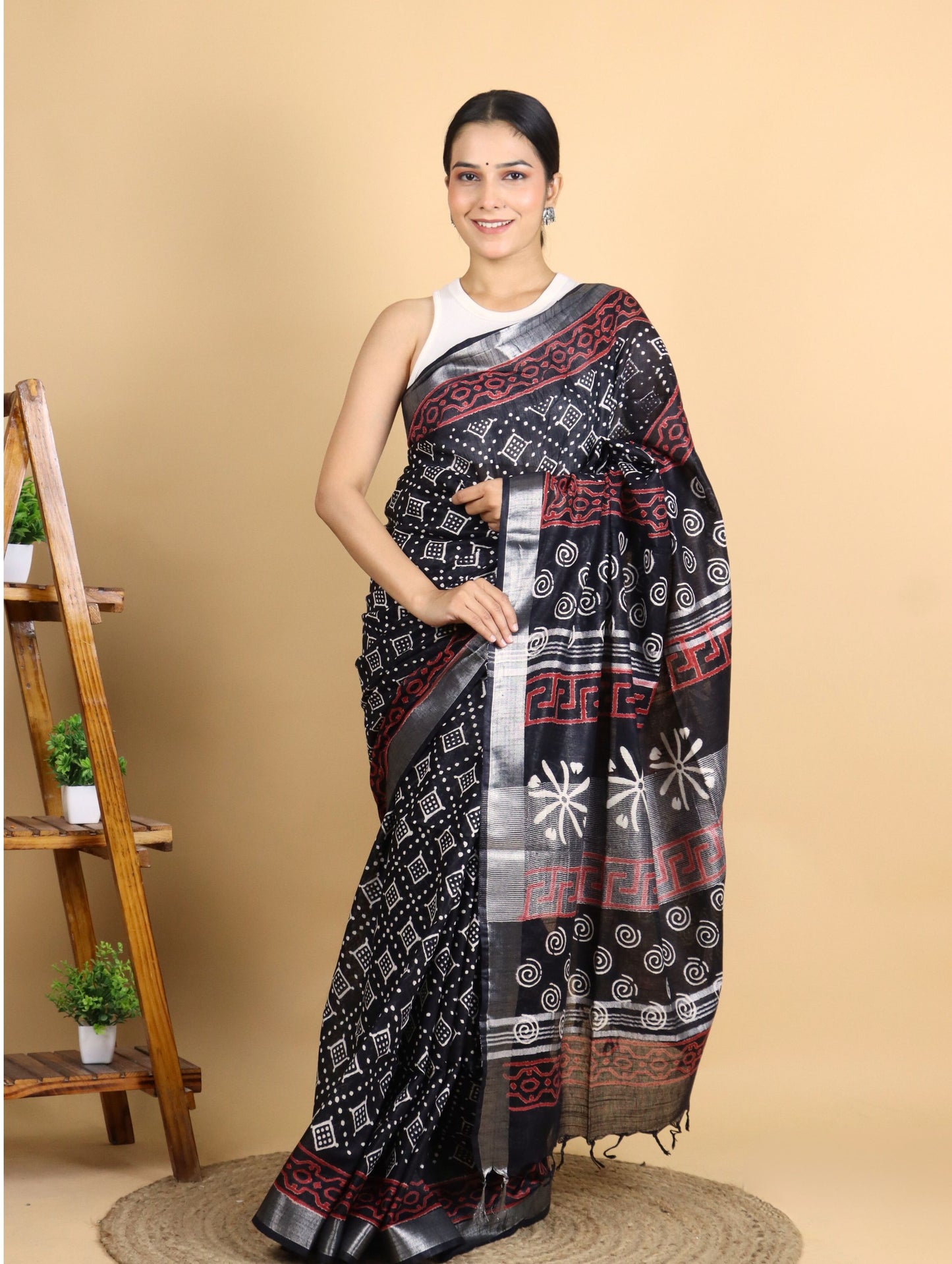 Black Cotton Linen Block Printed Saree with Diamond Motifs