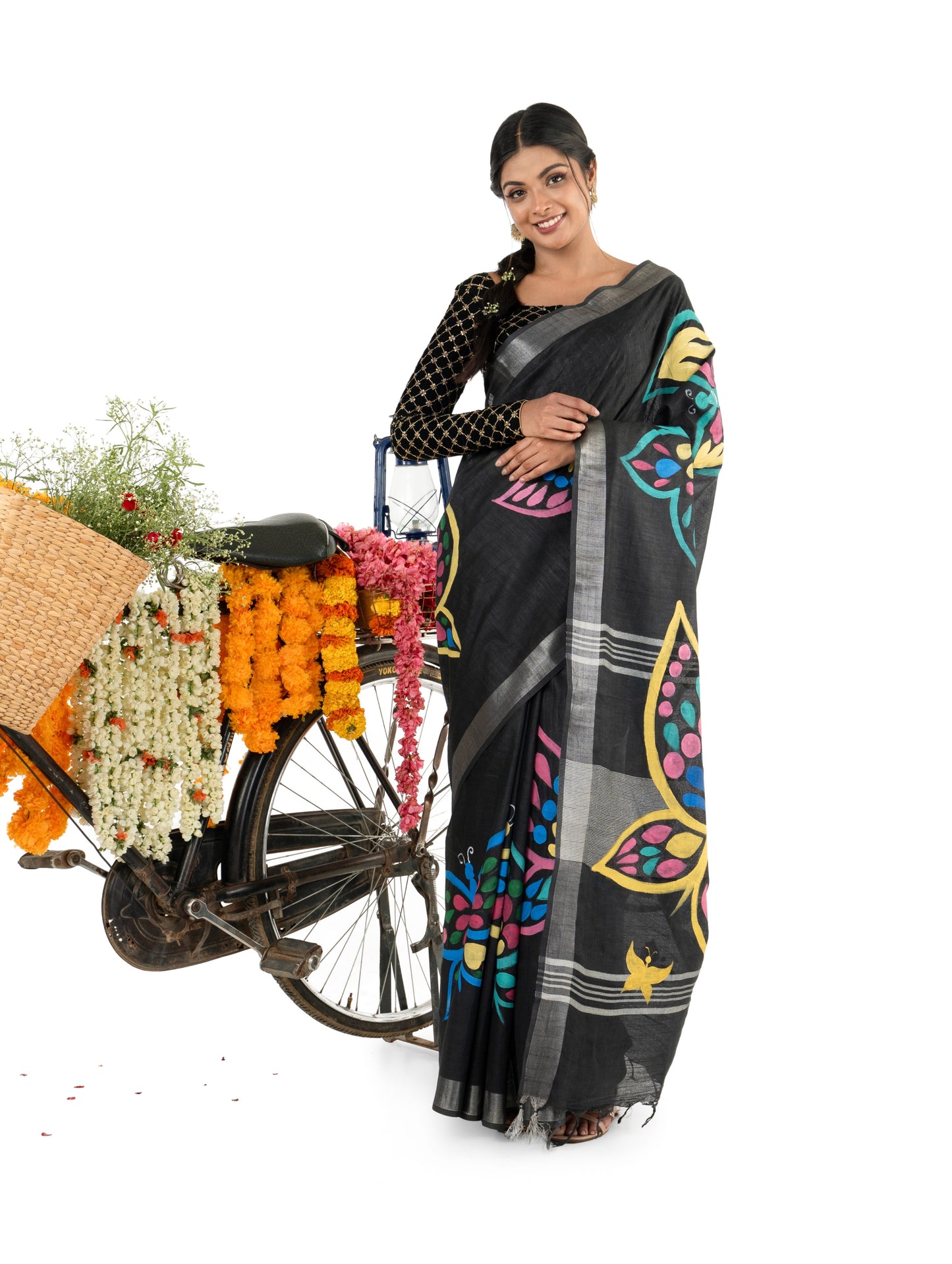 Black Cotton Linen All over HandPainted Saree