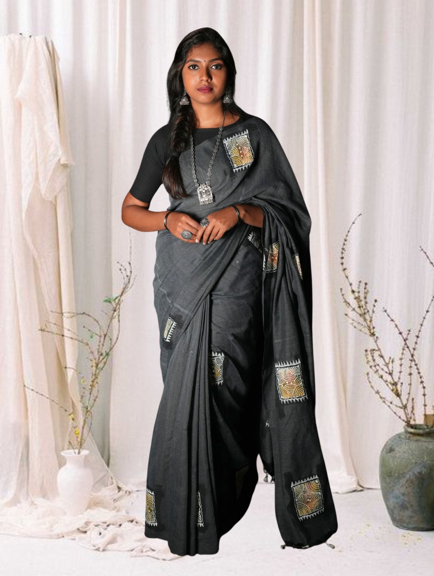 Grey Handloom Handpainted Saree