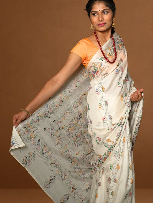 White Multicoloured Exquisite Kantha Stitched Saree