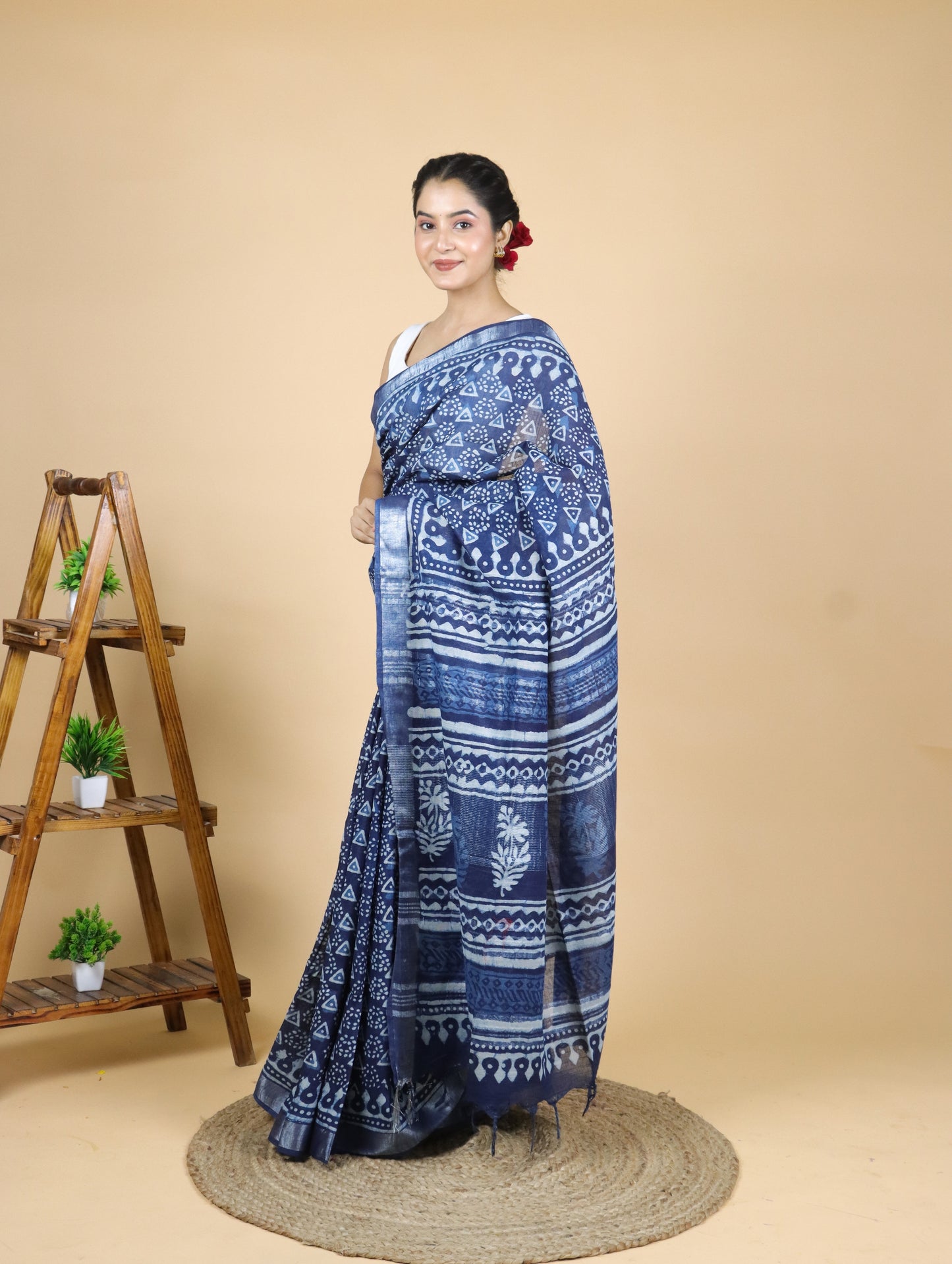 Indigo Hand Block Printed Cotton Linen Saree