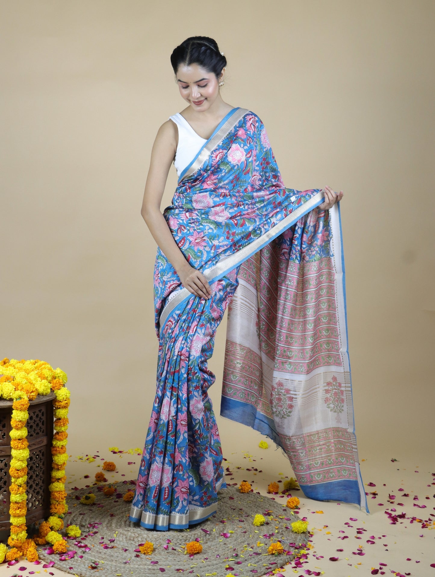 Blue Blended Maheshwari Silk With Sanganeri Block Prints