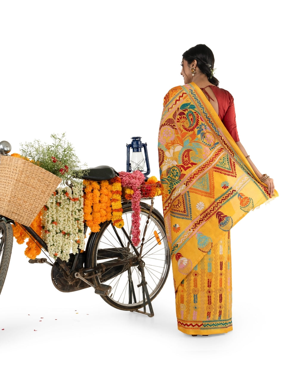 Yellow Multicoloured Floral and Geometric Kantha Stitched Saree