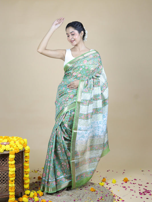 Green Blended Maheshwari Silk With Sanganeri Block Prints
