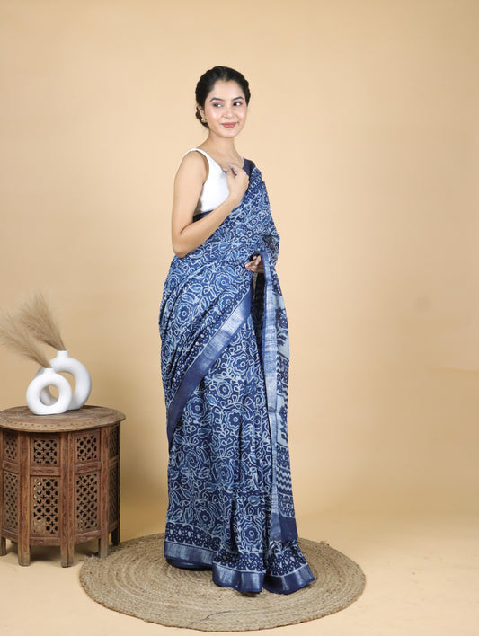 Indigo Hand Block Printed Cotton Linen Saree